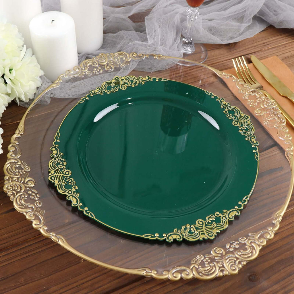 10 - Pack Plastic 10" Round Dinner Plates in Hunter Emerald Green with Gold Leaf Embossed Rim - Disposable Vintage Baroque Style Plates - Bell Racket Store