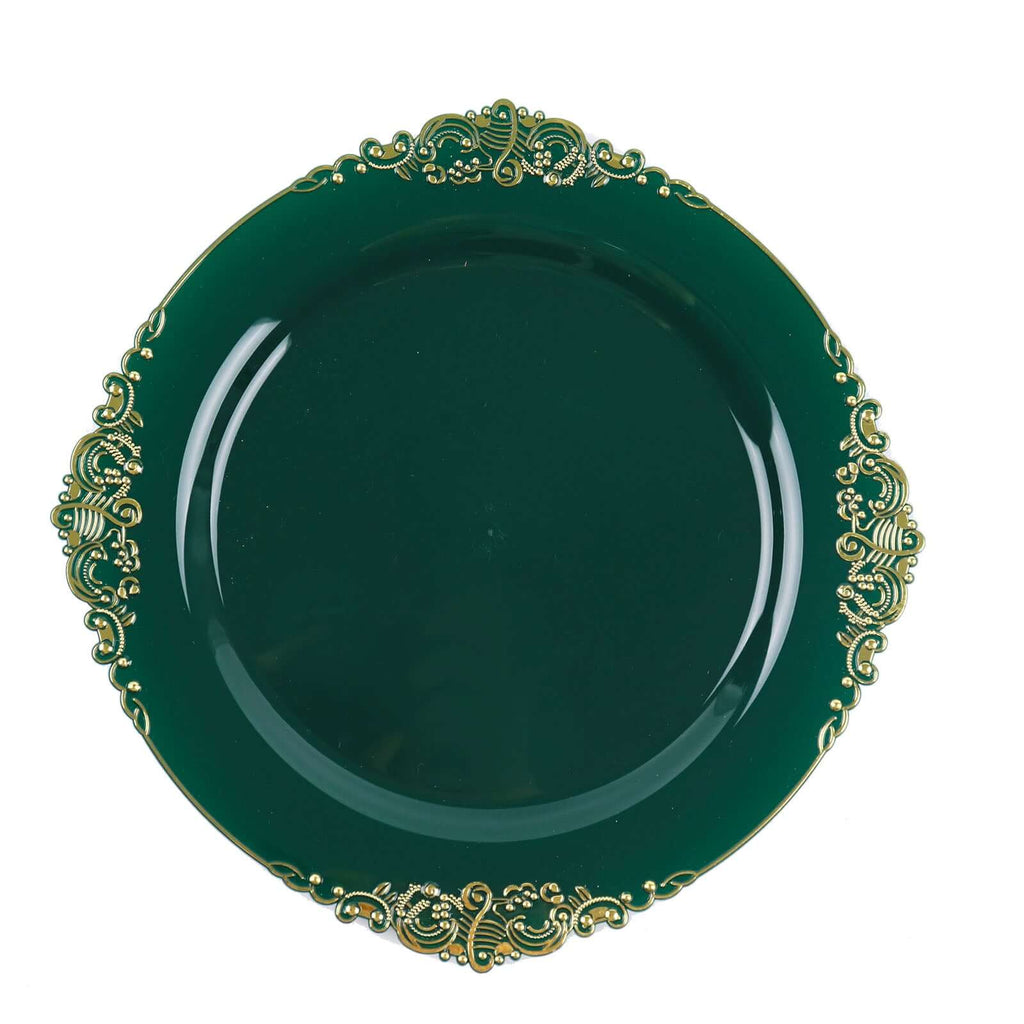 10 - Pack Plastic 10" Round Dinner Plates in Hunter Emerald Green with Gold Leaf Embossed Rim - Disposable Vintage Baroque Style Plates - Bell Racket Store