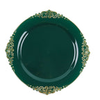 10 - Pack Plastic 10" Round Dinner Plates in Hunter Emerald Green with Gold Leaf Embossed Rim - Disposable Vintage Baroque Style Plates - Bell Racket Store
