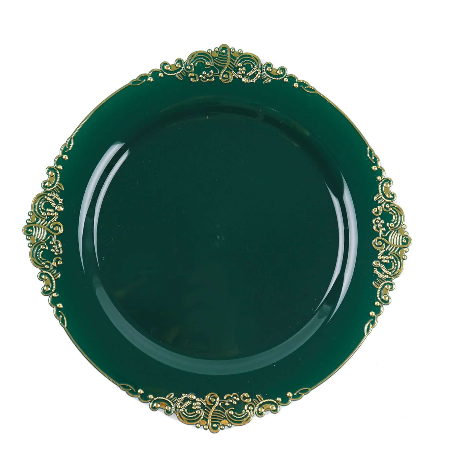 10 - Pack Plastic 10" Round Dinner Plates in Hunter Emerald Green with Gold Leaf Embossed Rim - Disposable Vintage Baroque Style Plates - Bell Racket Store