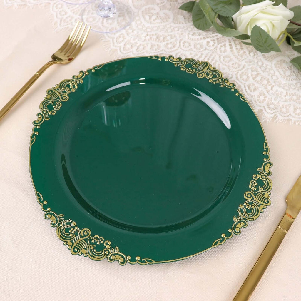 10 - Pack Plastic 10" Round Dinner Plates in Hunter Emerald Green with Gold Leaf Embossed Rim - Disposable Vintage Baroque Style Plates - Bell Racket Store