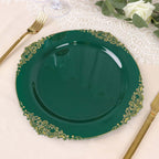 10 - Pack Plastic 10" Round Dinner Plates in Hunter Emerald Green with Gold Leaf Embossed Rim - Disposable Vintage Baroque Style Plates - Bell Racket Store