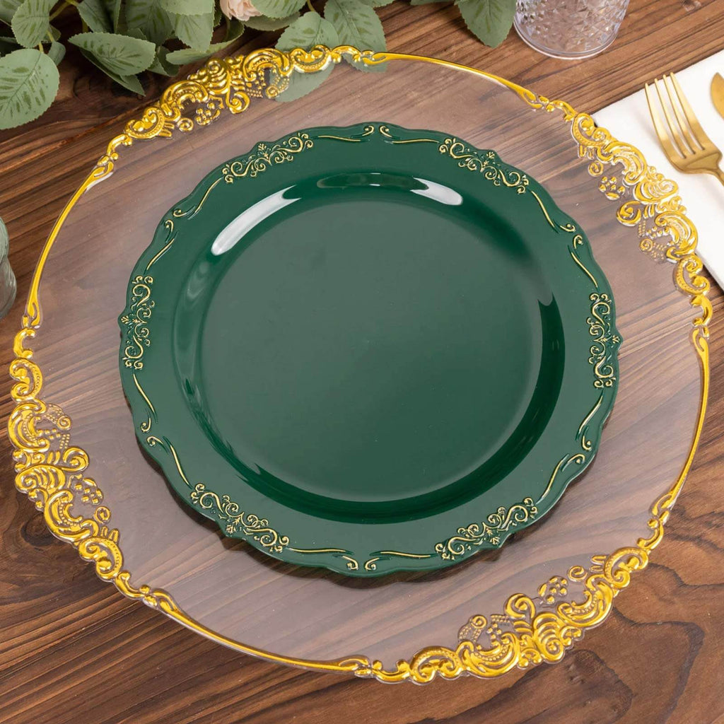 10 - Pack Plastic 10" Round Dinner Plates in Hunter Emerald Green with Gold Vintage Embossed Rim - Sturdy Disposable Scalloped Edge Party Plates - Bell Racket Store