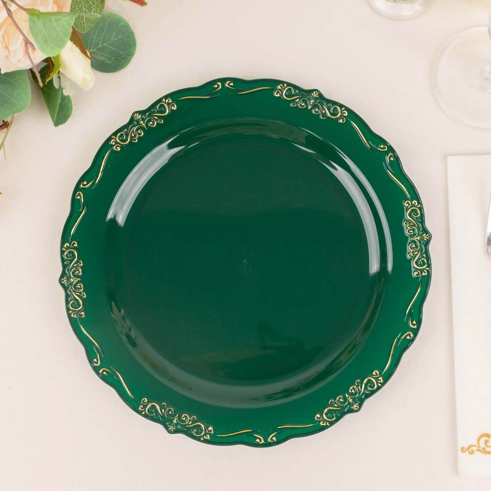 10 - Pack Plastic 10" Round Dinner Plates in Hunter Emerald Green with Gold Vintage Embossed Rim - Sturdy Disposable Scalloped Edge Party Plates - Bell Racket Store