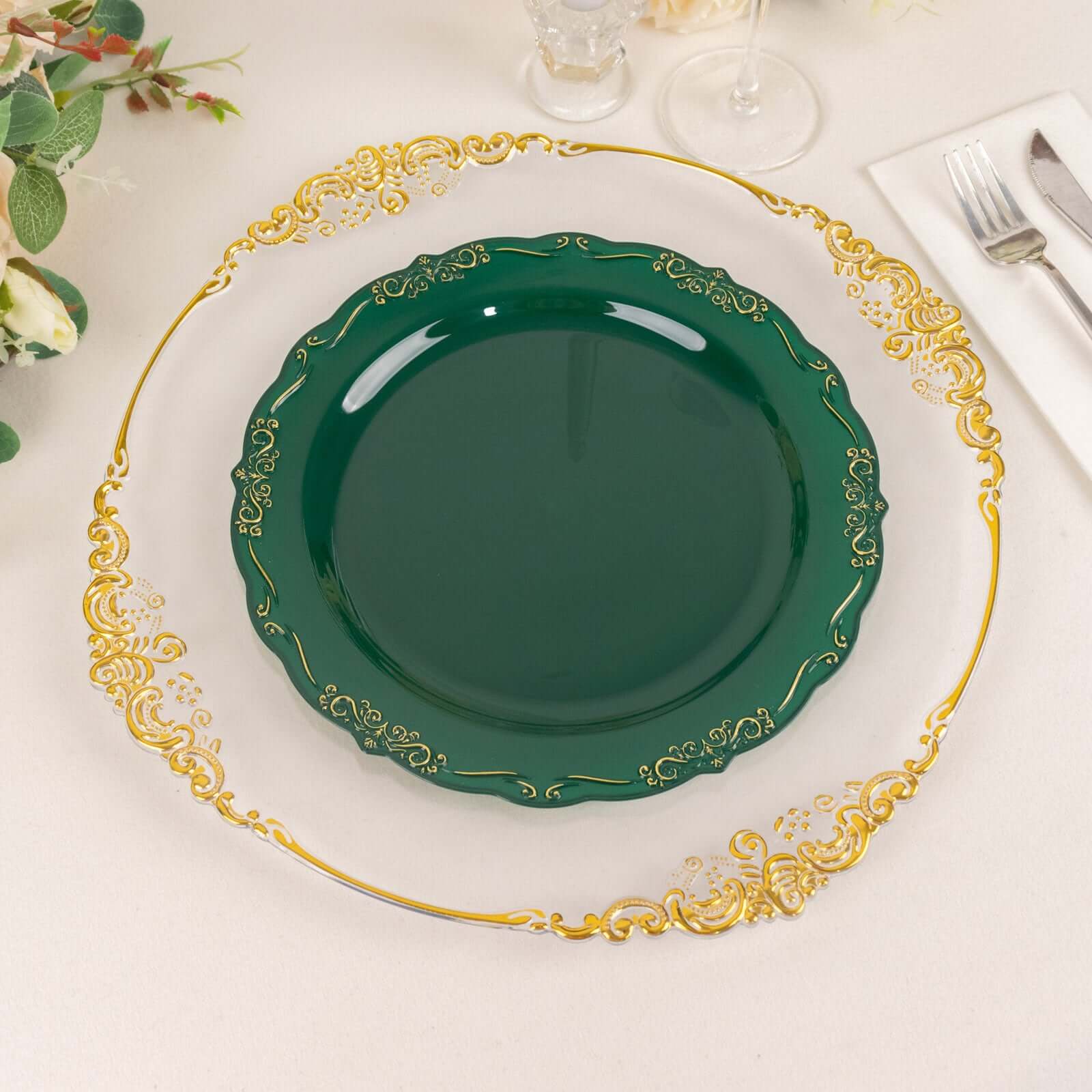 10 - Pack Plastic 10" Round Dinner Plates in Hunter Emerald Green with Gold Vintage Embossed Rim - Sturdy Disposable Scalloped Edge Party Plates - Bell Racket Store