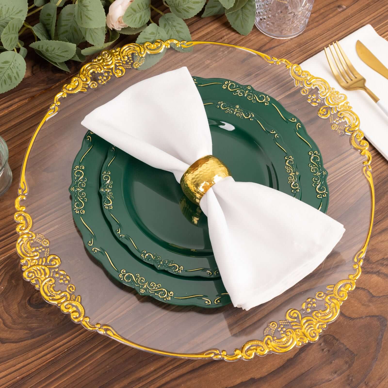 10 - Pack Plastic 10" Round Dinner Plates in Hunter Emerald Green with Gold Vintage Embossed Rim - Sturdy Disposable Scalloped Edge Party Plates - Bell Racket Store