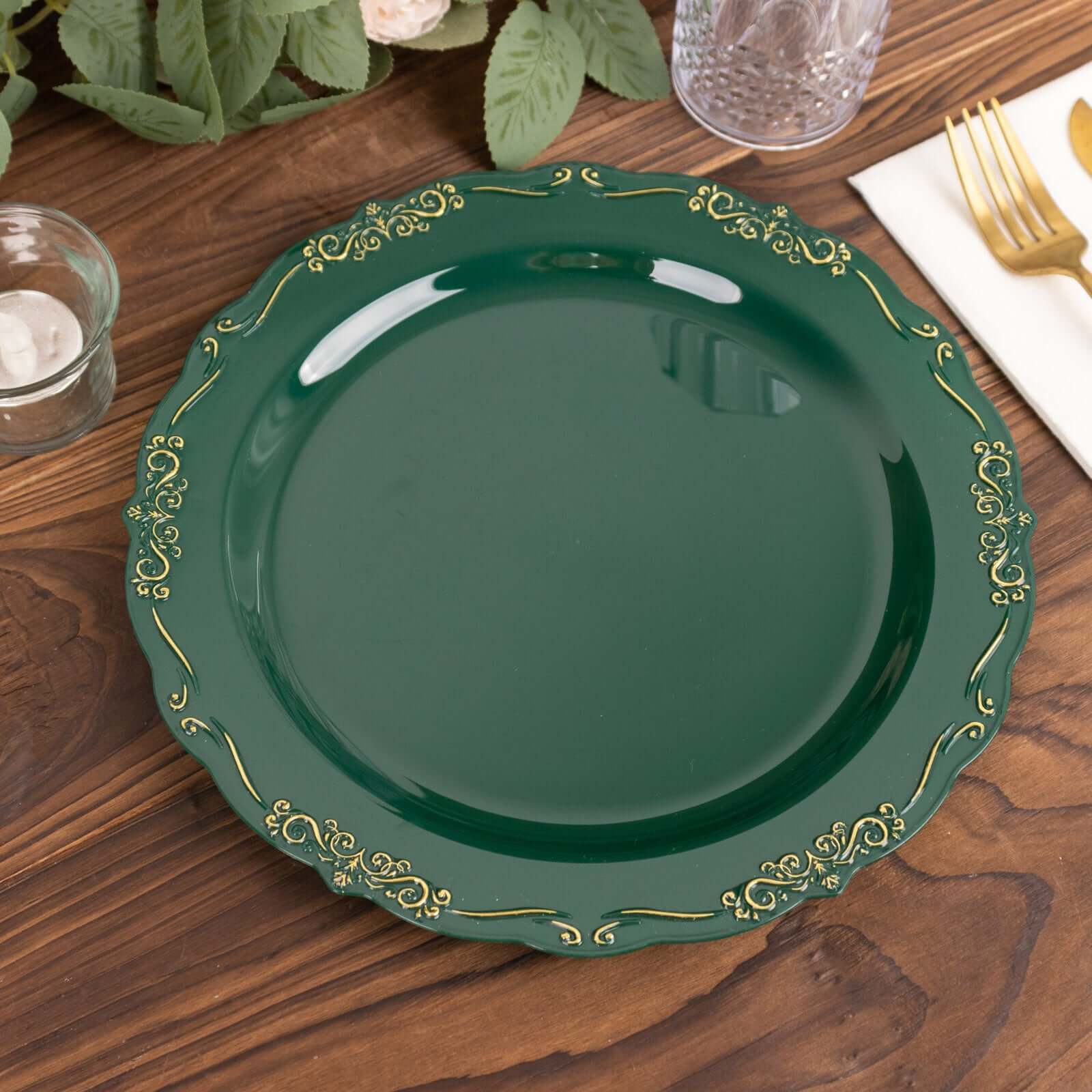 10 - Pack Plastic 10" Round Dinner Plates in Hunter Emerald Green with Gold Vintage Embossed Rim - Sturdy Disposable Scalloped Edge Party Plates - Bell Racket Store