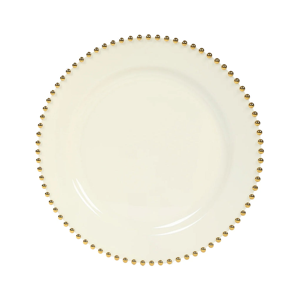 10 - Pack Plastic 10" Round Dinner Plates in Ivory with Gold Beaded Rim - Disposable Party Plates for Banquets & Festive Occasions - Bell Racket Store