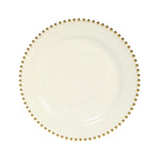10 - Pack Plastic 10" Round Dinner Plates in Ivory with Gold Beaded Rim - Disposable Party Plates for Banquets & Festive Occasions - Bell Racket Store