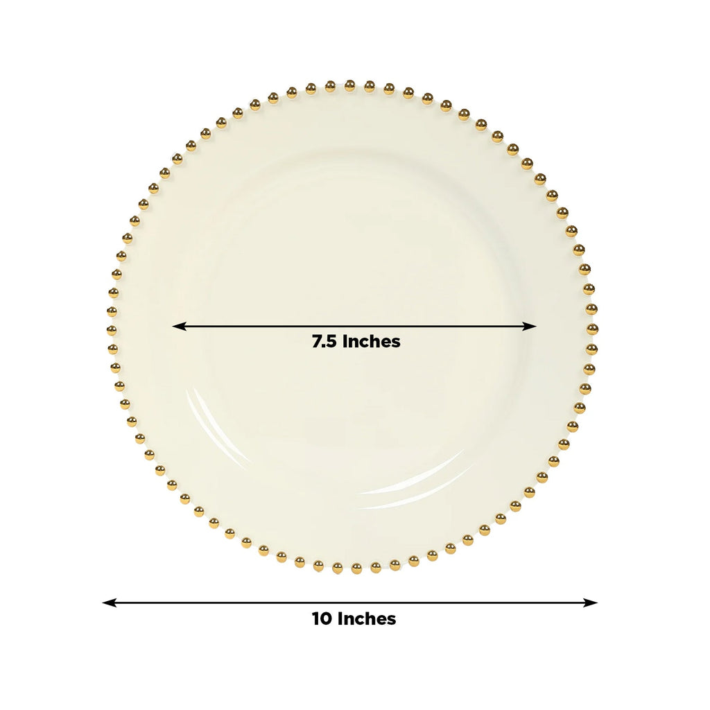 10 - Pack Plastic 10" Round Dinner Plates in Ivory with Gold Beaded Rim - Disposable Party Plates for Banquets & Festive Occasions - Bell Racket Store