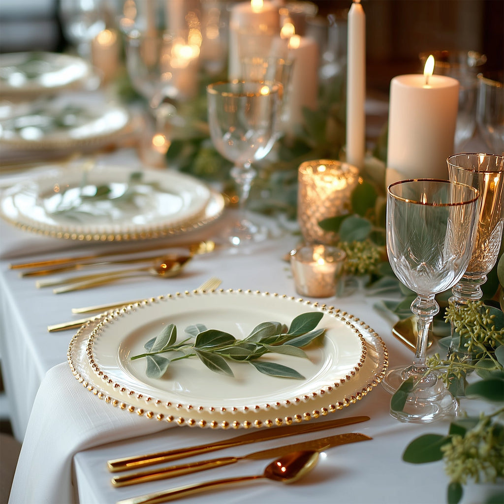 10 - Pack Plastic 10" Round Dinner Plates in Ivory with Gold Beaded Rim - Disposable Party Plates for Banquets & Festive Occasions - Bell Racket Store