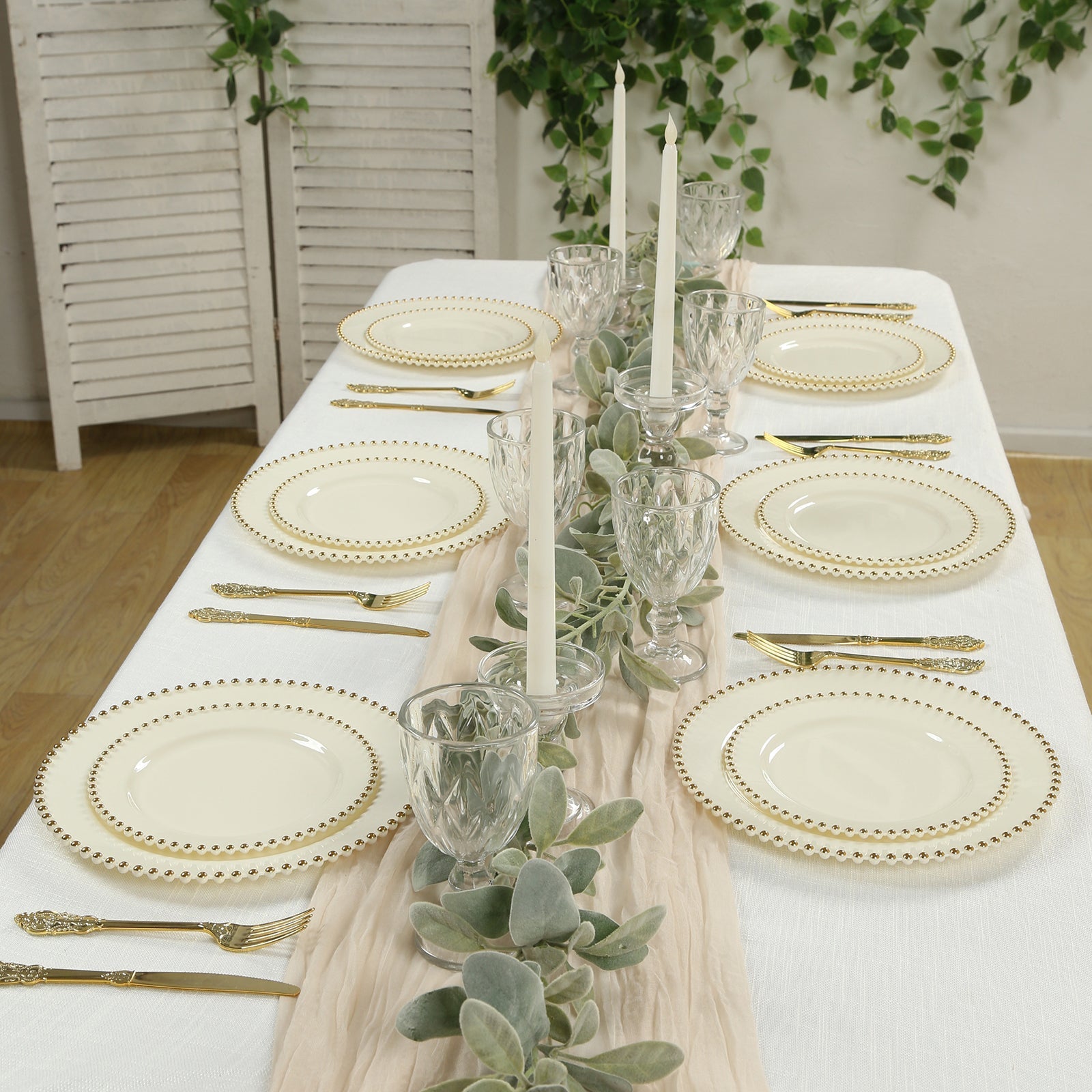 10 - Pack Plastic 10" Round Dinner Plates in Ivory with Gold Beaded Rim - Disposable Party Plates for Banquets & Festive Occasions - Bell Racket Store