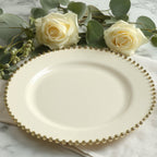 10 - Pack Plastic 10" Round Dinner Plates in Ivory with Gold Beaded Rim - Disposable Party Plates for Banquets & Festive Occasions - Bell Racket Store