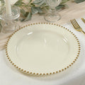 10 - Pack Plastic 10" Round Dinner Plates in Ivory with Gold Beaded Rim - Disposable Party Plates for Banquets & Festive Occasions - Bell Racket Store