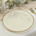10 - Pack Plastic 10" Round Dinner Plates in Ivory with Gold Beaded Rim - Disposable Party Plates for Banquets & Festive Occasions - Bell Racket Store