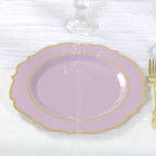10 - Pack Plastic 10" Round Dinner Plates in Lavender Lilac with Gold Scalloped Rim - Disposable Party Plates - Bell Racket Store