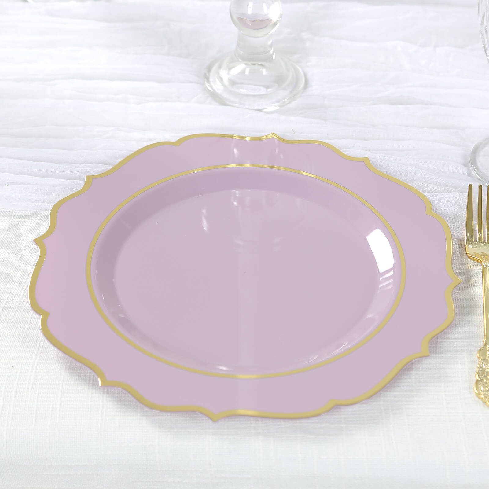 10 - Pack Plastic 10" Round Dinner Plates in Lavender Lilac with Gold Scalloped Rim - Disposable Party Plates - Bell Racket Store