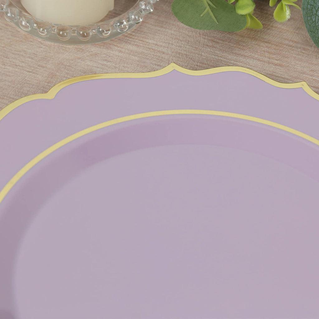 10 - Pack Plastic 10" Round Dinner Plates in Lavender Lilac with Gold Scalloped Rim - Disposable Party Plates - Bell Racket Store