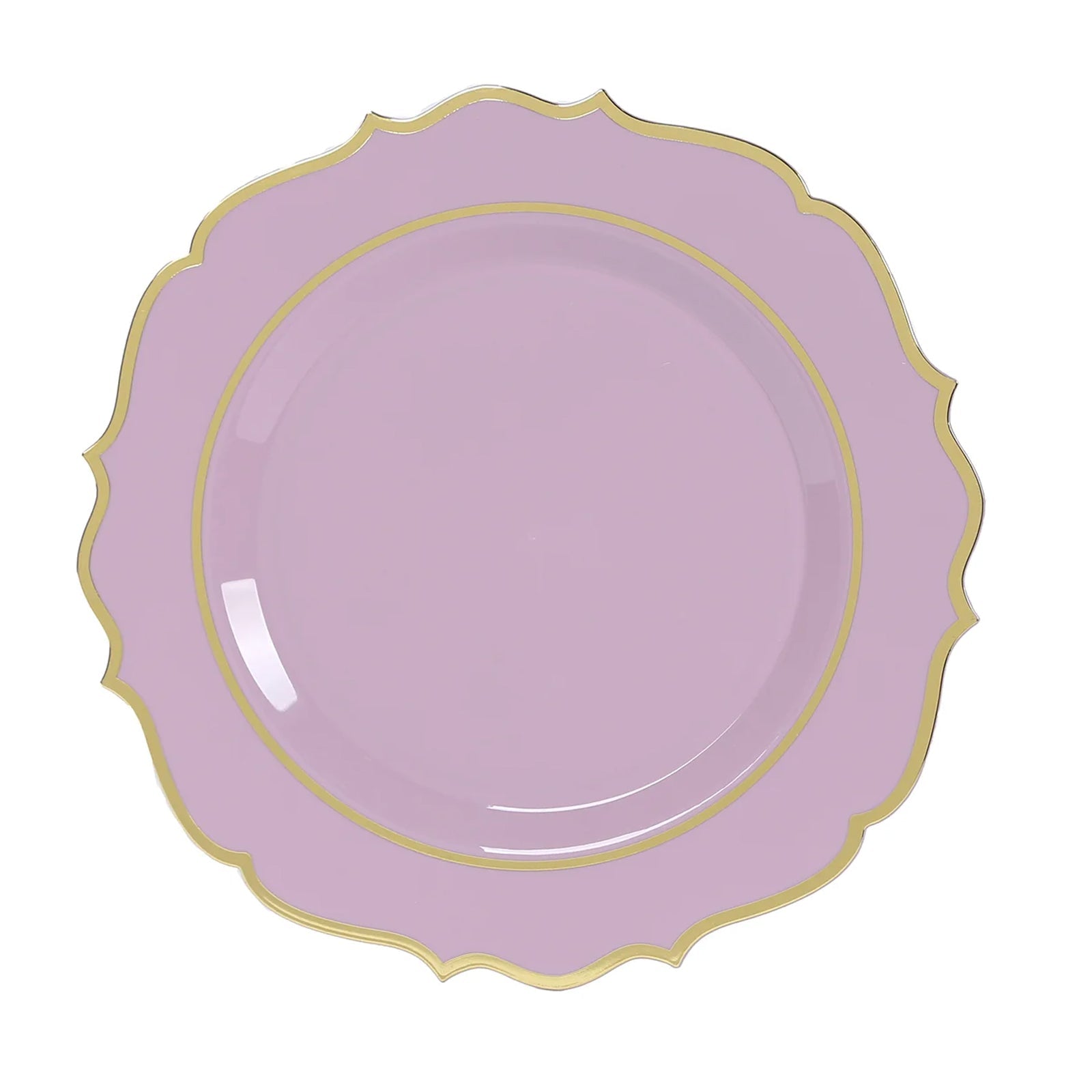 10 - Pack Plastic 10" Round Dinner Plates in Lavender Lilac with Gold Scalloped Rim - Disposable Party Plates - Bell Racket Store