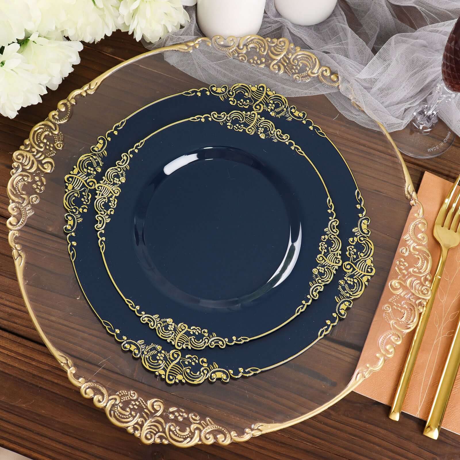 10 - Pack Plastic 10" Round Dinner Plates in Navy Blue with Gold Leaf Embossed Rim - Disposable Vintage Baroque Style Plates - Bell Racket Store
