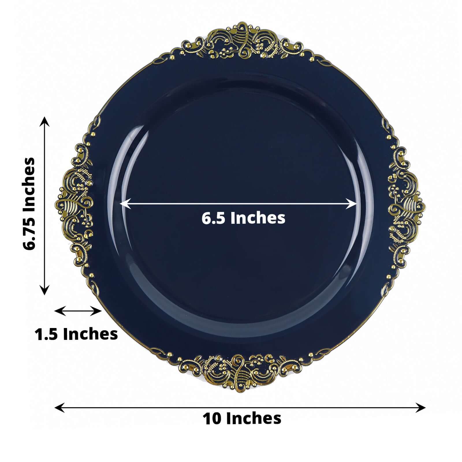 10 - Pack Plastic 10" Round Dinner Plates in Navy Blue with Gold Leaf Embossed Rim - Disposable Vintage Baroque Style Plates - Bell Racket Store