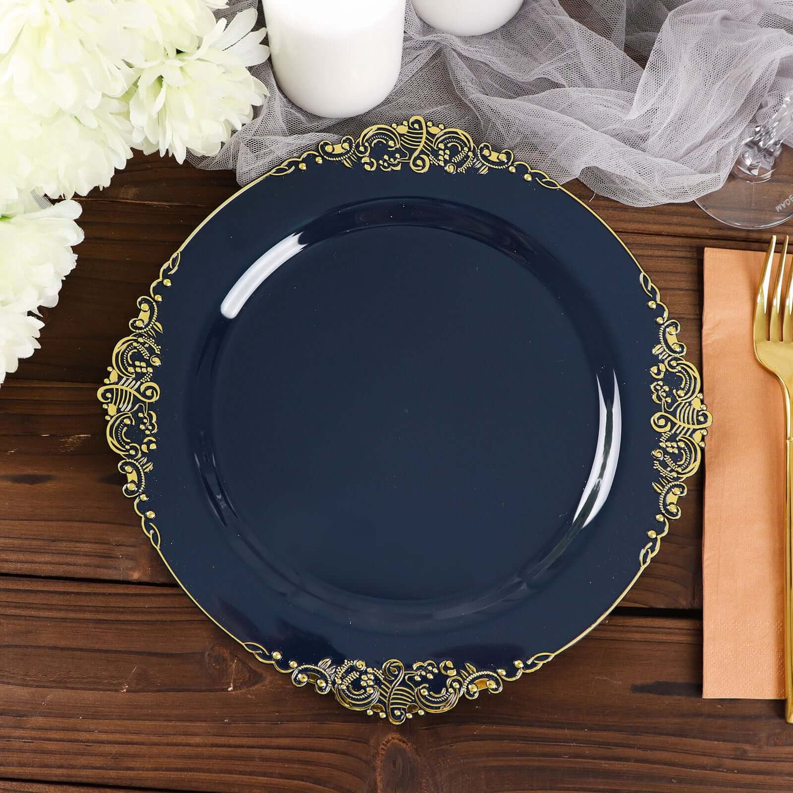 10 - Pack Plastic 10" Round Dinner Plates in Navy Blue with Gold Leaf Embossed Rim - Disposable Vintage Baroque Style Plates - Bell Racket Store