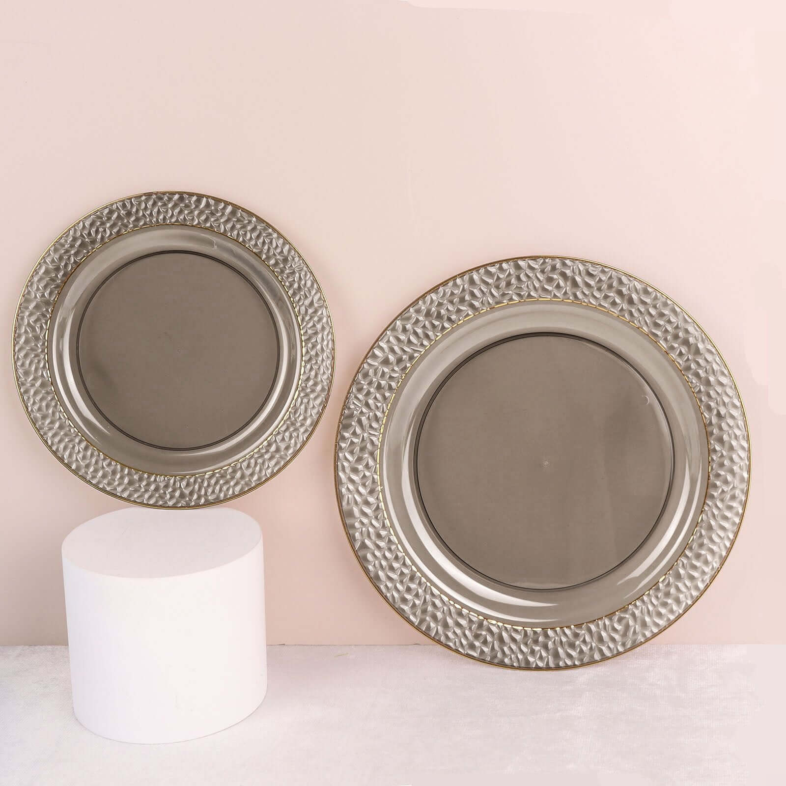 10 - Pack Plastic 10" Round Dinner Plates in Opaque Black Hammered Design with Gold Rim - Disposable Party Plates for Chic Banquets & Special Occasions - Bell Racket Store