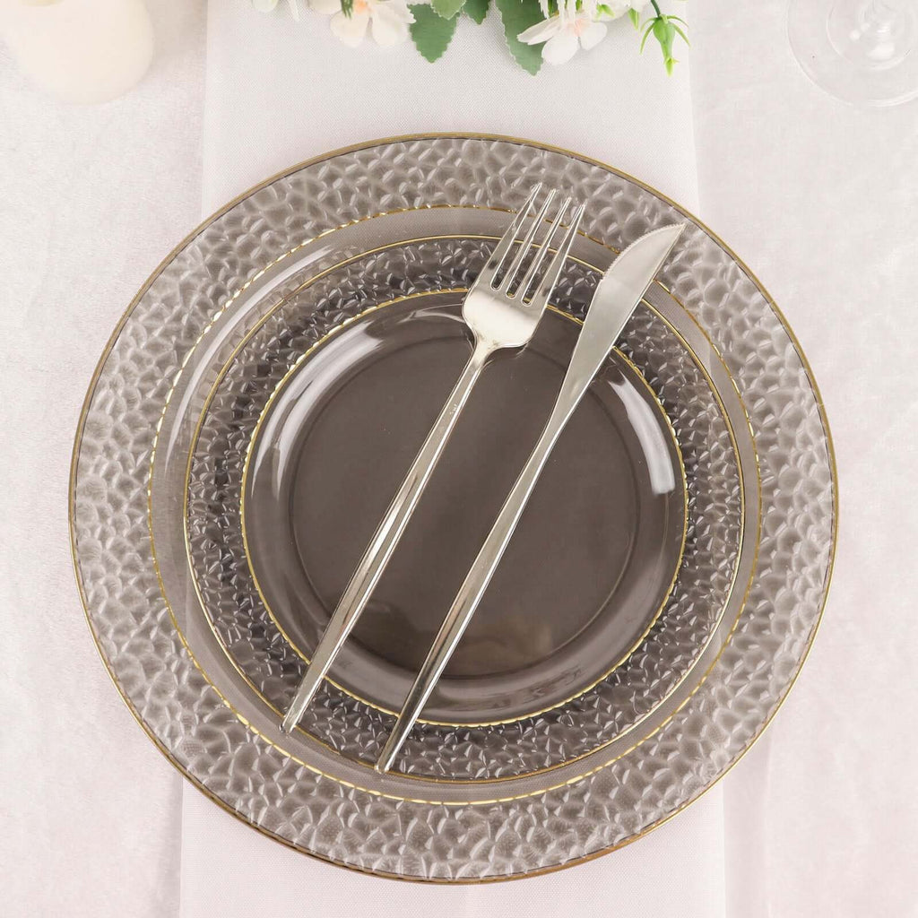 10 - Pack Plastic 10" Round Dinner Plates in Opaque Black Hammered Design with Gold Rim - Disposable Party Plates for Chic Banquets & Special Occasions - Bell Racket Store