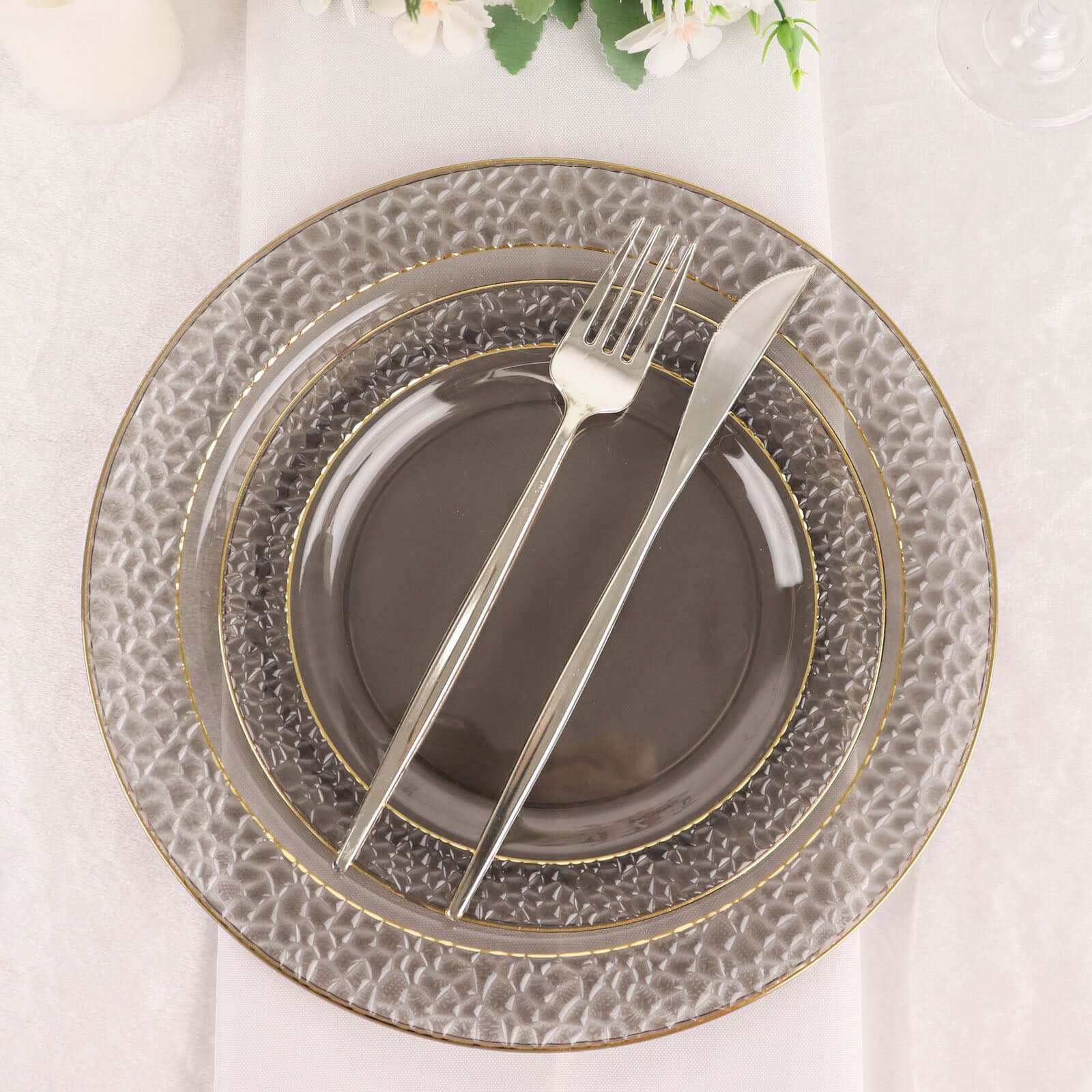 10 - Pack Plastic 10" Round Dinner Plates in Opaque Black Hammered Design with Gold Rim - Disposable Party Plates for Chic Banquets & Special Occasions - Bell Racket Store