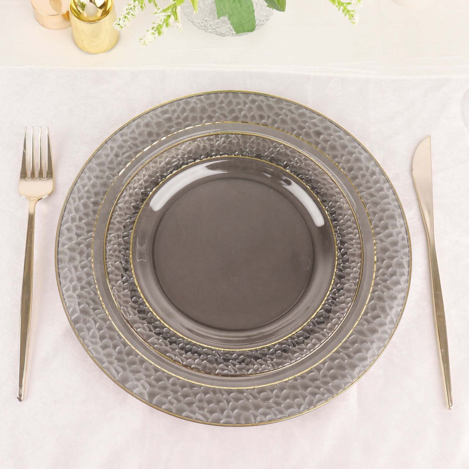 10 - Pack Plastic 10" Round Dinner Plates in Opaque Black Hammered Design with Gold Rim - Disposable Party Plates for Chic Banquets & Special Occasions - Bell Racket Store