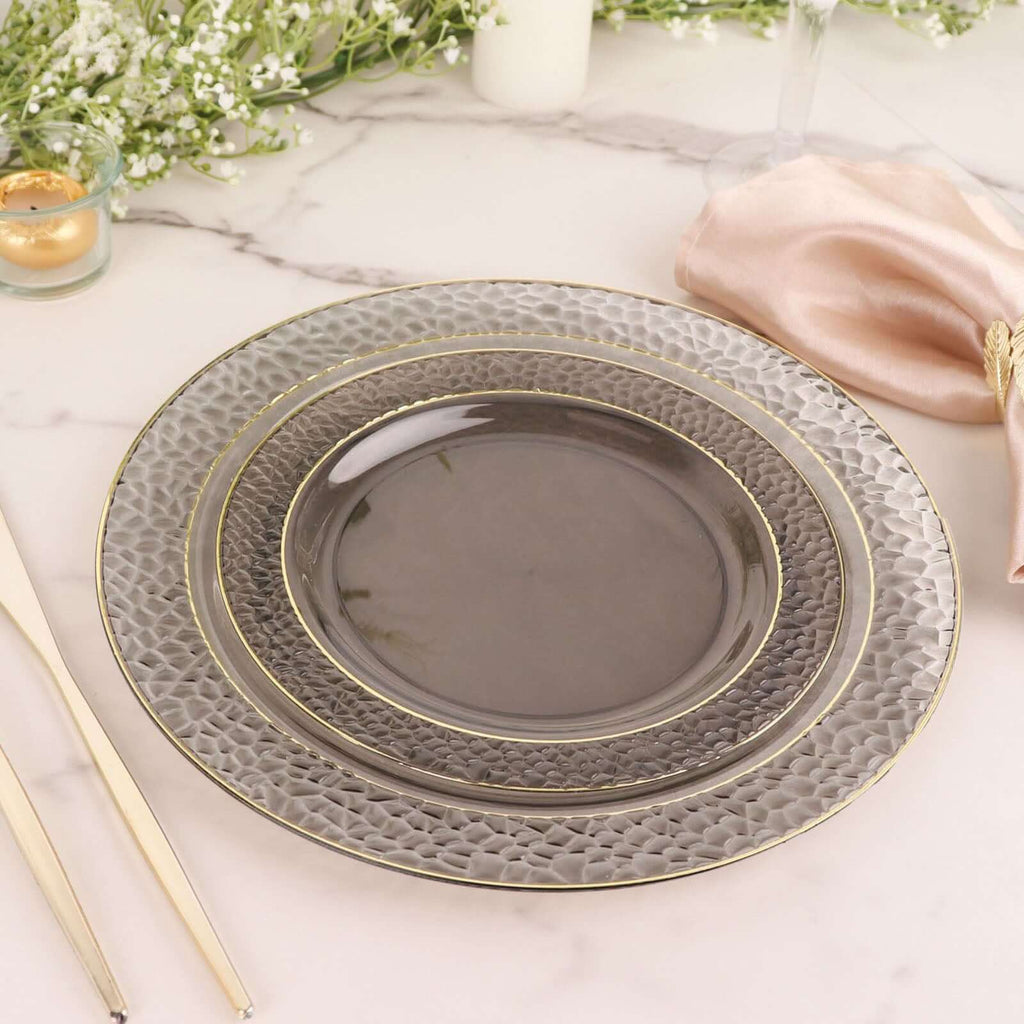 10 - Pack Plastic 10" Round Dinner Plates in Opaque Black Hammered Design with Gold Rim - Disposable Party Plates for Chic Banquets & Special Occasions - Bell Racket Store