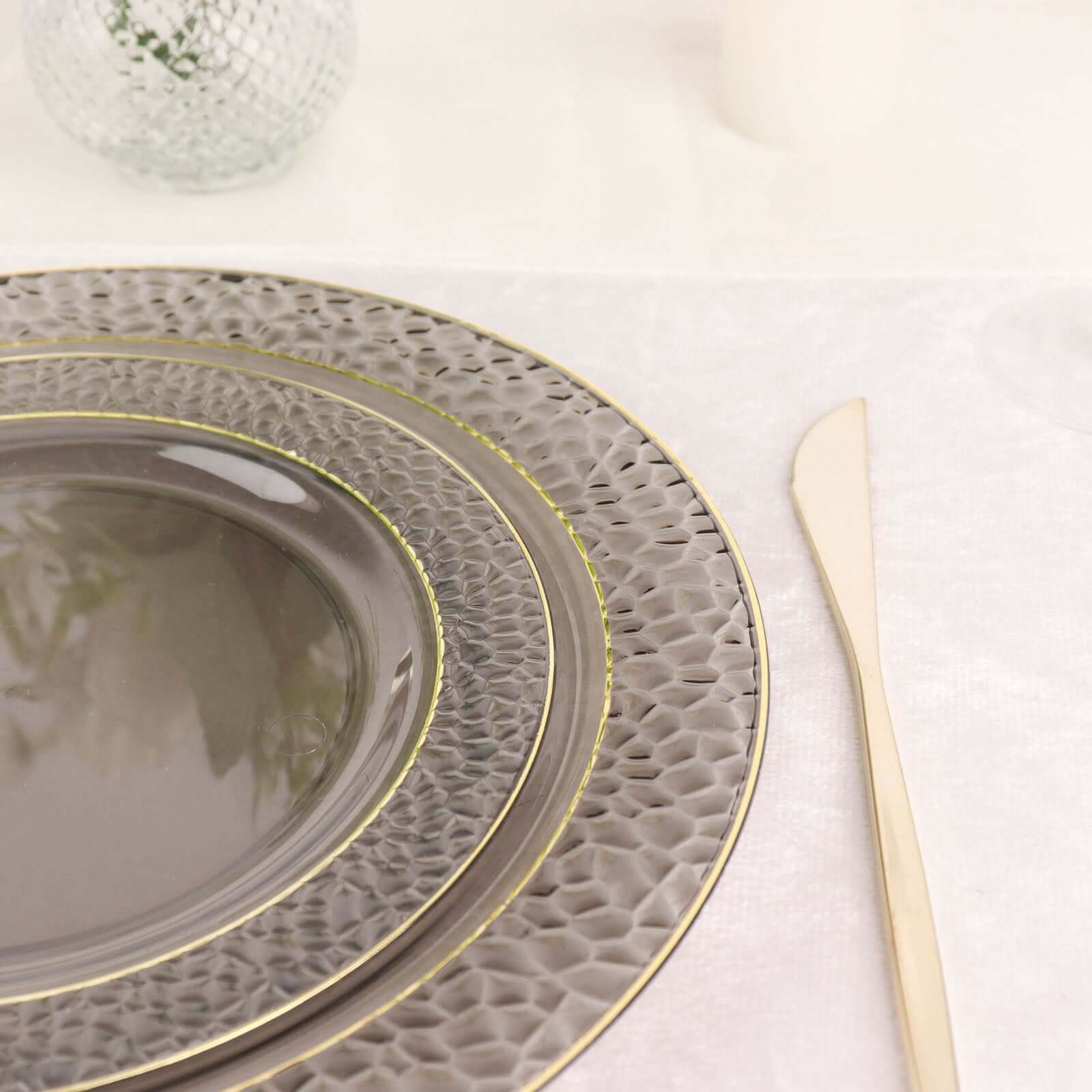 10 - Pack Plastic 10" Round Dinner Plates in Opaque Black Hammered Design with Gold Rim - Disposable Party Plates for Chic Banquets & Special Occasions - Bell Racket Store
