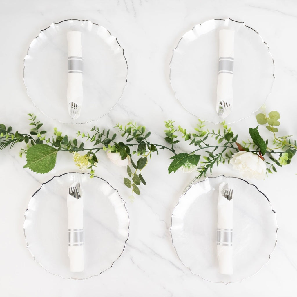 10 - Pack Plastic 10" Round Dinner Plates in Pearl White Sunflower with Silver Scalloped Rim - Disposable Party Plates for Classy Events & Banquets - Bell Racket Store