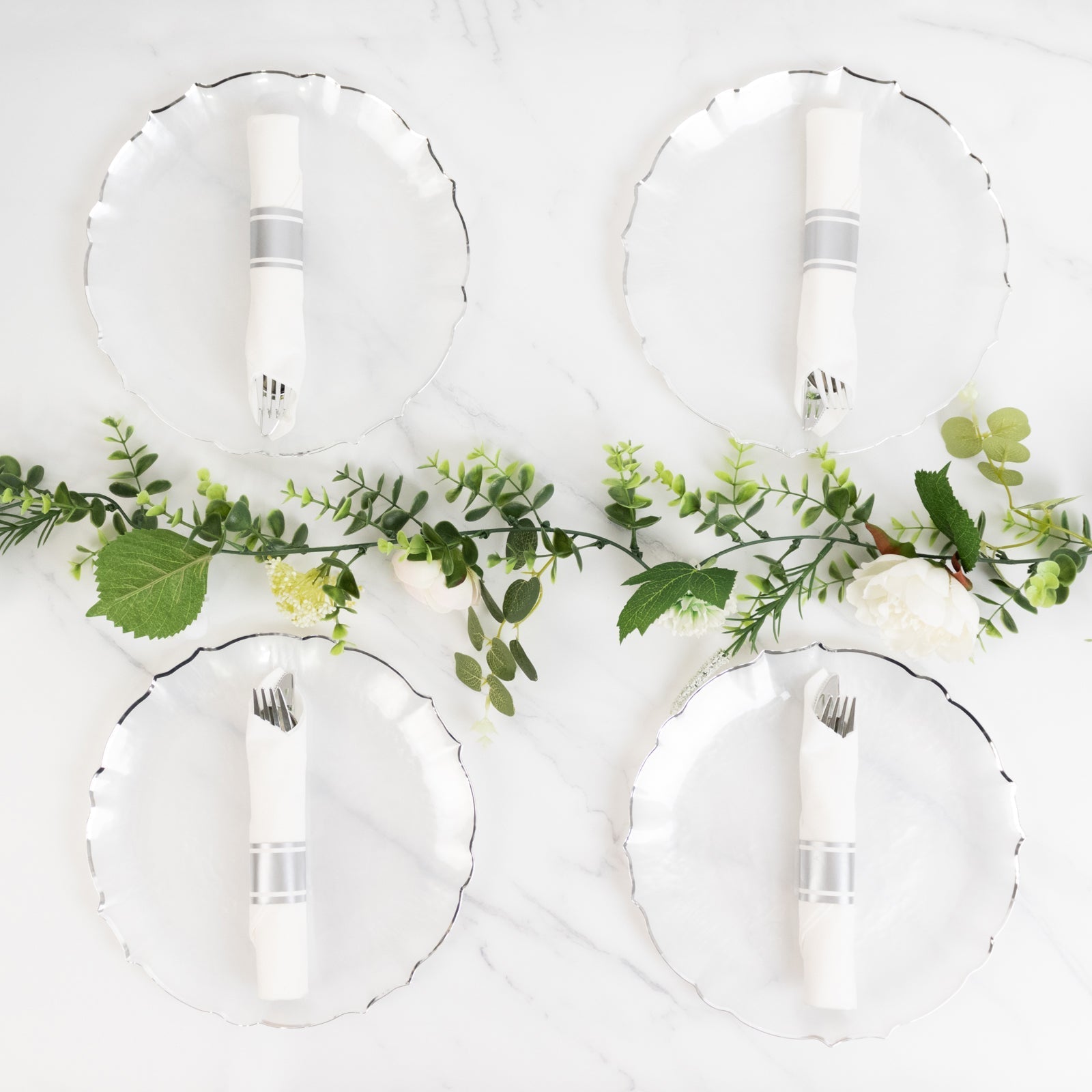 10 - Pack Plastic 10" Round Dinner Plates in Pearl White Sunflower with Silver Scalloped Rim - Disposable Party Plates for Classy Events & Banquets - Bell Racket Store