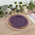 10 - Pack Plastic 10" Round Dinner Plates in Purple with Gold Leaf Embossed Rim - Disposable Vintage Baroque Style Plates - Bell Racket Store