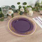 10 - Pack Plastic 10" Round Dinner Plates in Purple with Gold Leaf Embossed Rim - Disposable Vintage Baroque Style Plates - Bell Racket Store