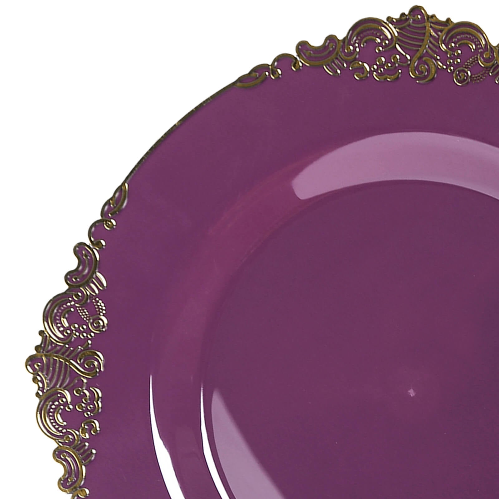 10 - Pack Plastic 10" Round Dinner Plates in Purple with Gold Leaf Embossed Rim - Disposable Vintage Baroque Style Plates - Bell Racket Store