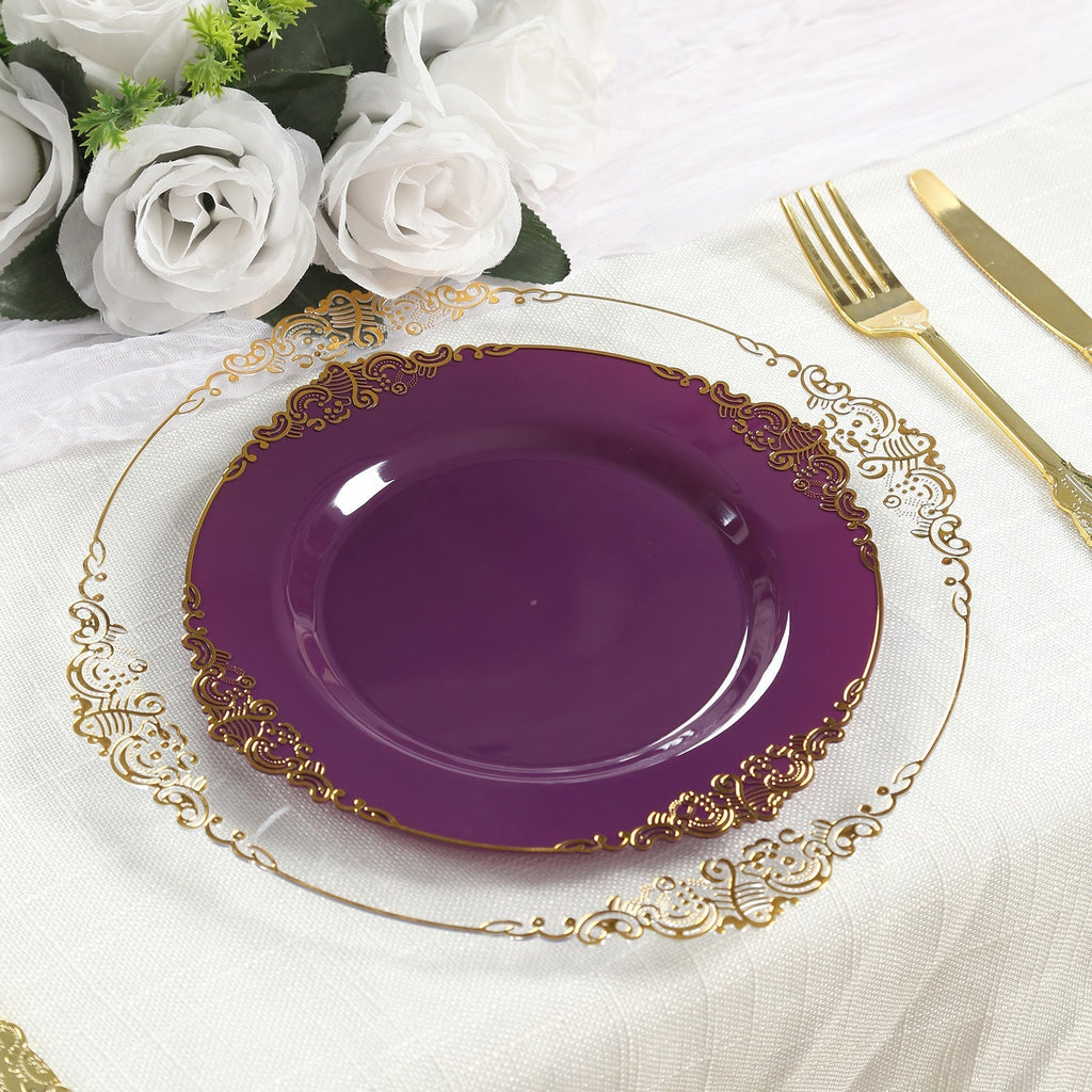 10 - Pack Plastic 10" Round Dinner Plates in Purple with Gold Leaf Embossed Rim - Disposable Vintage Baroque Style Plates - Bell Racket Store