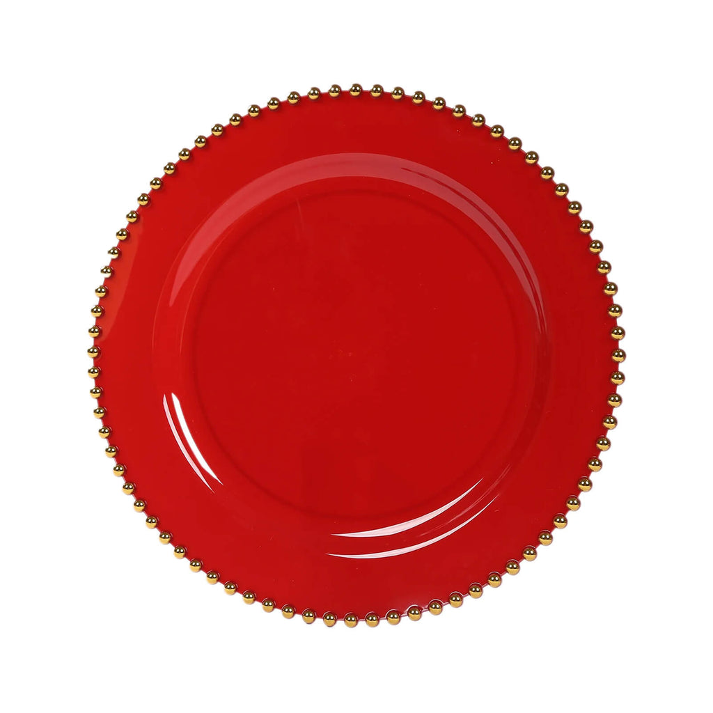 10 - Pack Plastic 10" Round Dinner Plates in Red with Gold Beaded Rim - Disposable Party Plates for Banquets & Festive Occasions - Bell Racket Store