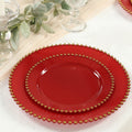 10 - Pack Plastic 10" Round Dinner Plates in Red with Gold Beaded Rim - Disposable Party Plates for Banquets & Festive Occasions - Bell Racket Store