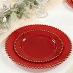10 - Pack Plastic 10" Round Dinner Plates in Red with Gold Beaded Rim - Disposable Party Plates for Banquets & Festive Occasions - Bell Racket Store