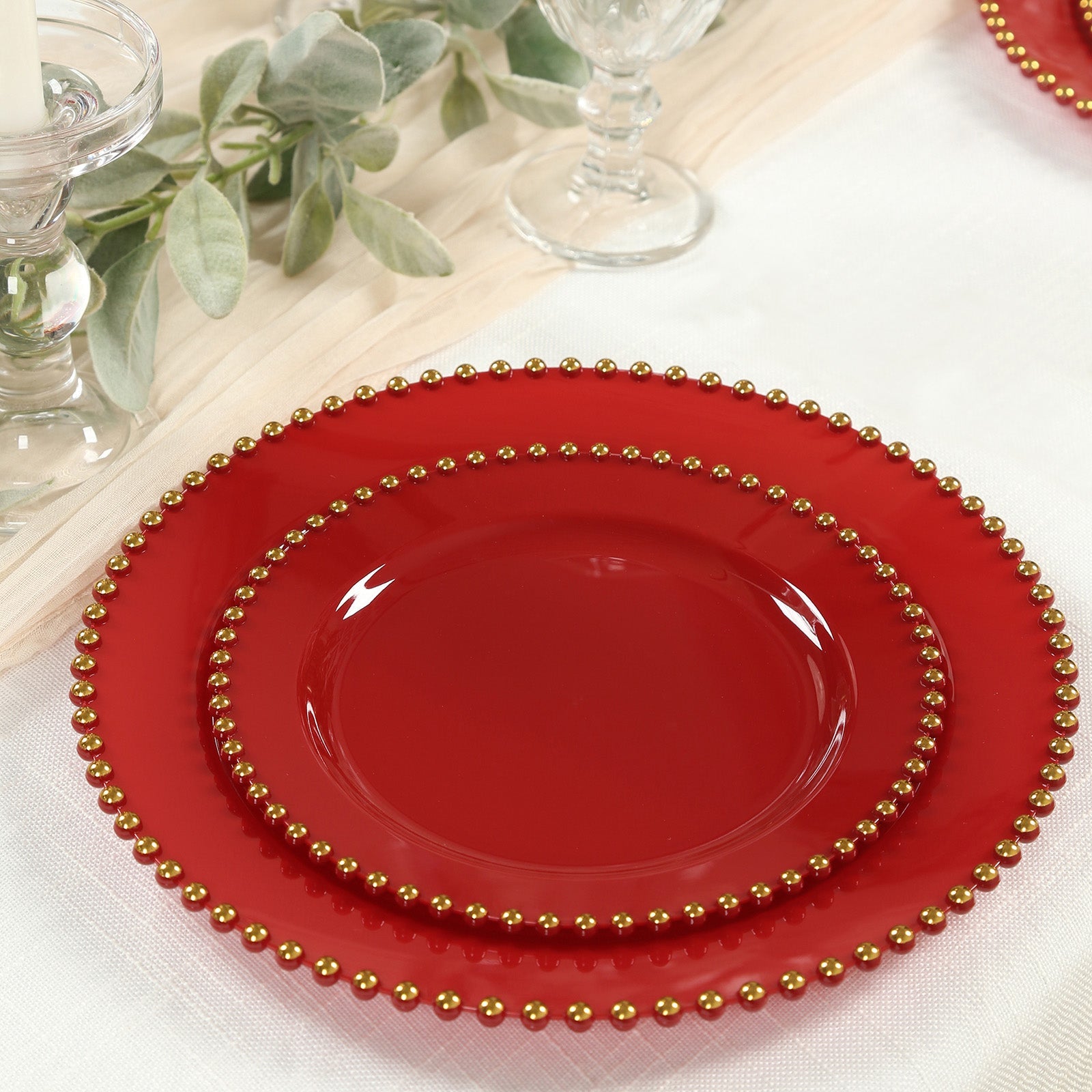 10 - Pack Plastic 10" Round Dinner Plates in Red with Gold Beaded Rim - Disposable Party Plates for Banquets & Festive Occasions - Bell Racket Store