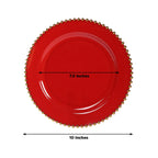 10 - Pack Plastic 10" Round Dinner Plates in Red with Gold Beaded Rim - Disposable Party Plates for Banquets & Festive Occasions - Bell Racket Store