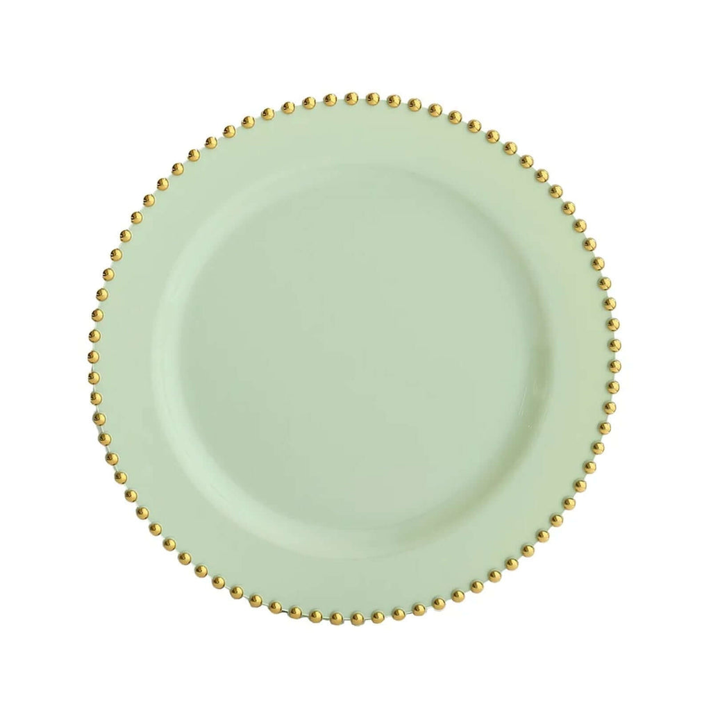 10 - Pack Plastic 10" Round Dinner Plates in Sage Green with Gold Beaded Rim - Disposable Party Plates for Banquets & Festive Occasions - Bell Racket Store