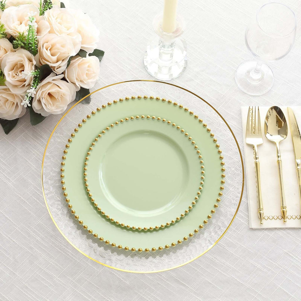 10 - Pack Plastic 10" Round Dinner Plates in Sage Green with Gold Beaded Rim - Disposable Party Plates for Banquets & Festive Occasions - Bell Racket Store