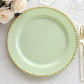 10 - Pack Plastic 10" Round Dinner Plates in Sage Green with Gold Beaded Rim - Disposable Party Plates for Banquets & Festive Occasions - Bell Racket Store