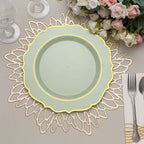 10 - Pack Plastic 10" Round Dinner Plates in Sage Green with Gold Scalloped Rim - Disposable Party Plates - Bell Racket Store