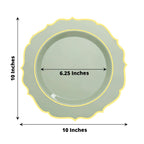 10 - Pack Plastic 10" Round Dinner Plates in Sage Green with Gold Scalloped Rim - Disposable Party Plates - Bell Racket Store