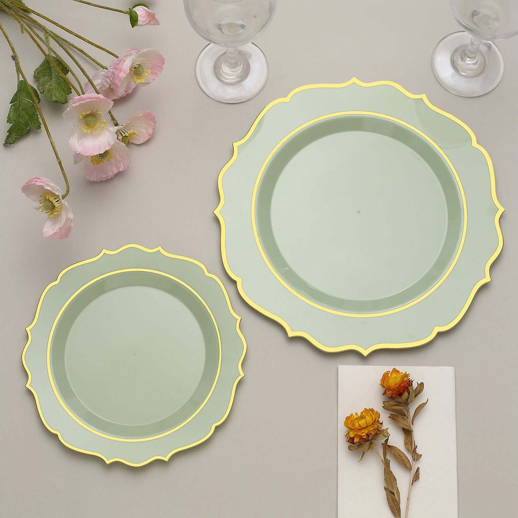 10 - Pack Plastic 10" Round Dinner Plates in Sage Green with Gold Scalloped Rim - Disposable Party Plates - Bell Racket Store