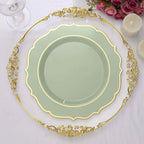 10 - Pack Plastic 10" Round Dinner Plates in Sage Green with Gold Scalloped Rim - Disposable Party Plates - Bell Racket Store